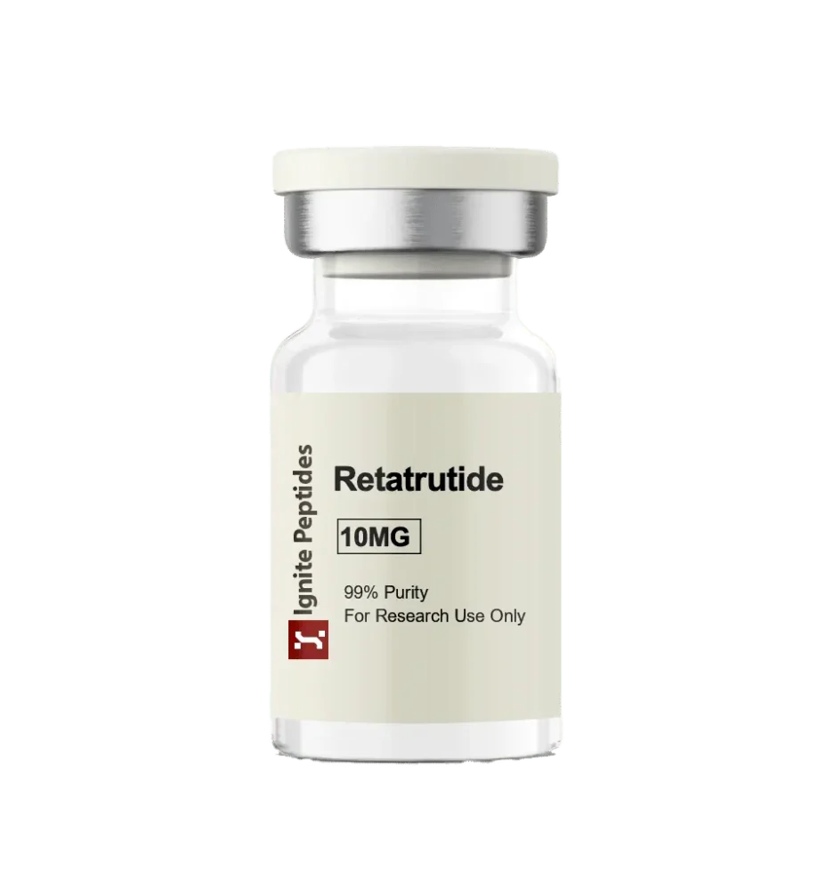Glass vial containing 10mg of Retatrutide peptide in lyophilized powder form for research use