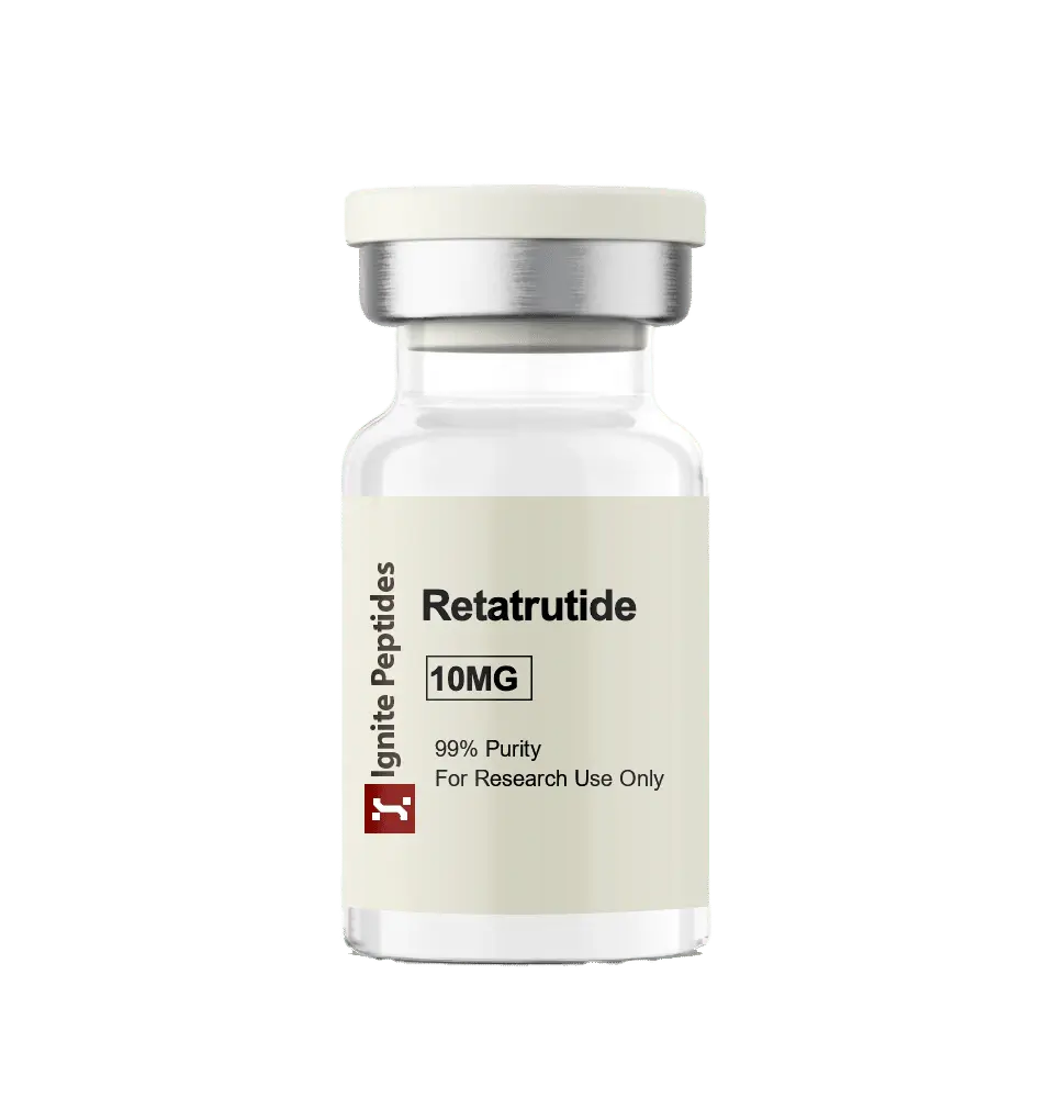 Glass vial containing 10mg of Retatrutide peptide in lyophilized powder form for research use