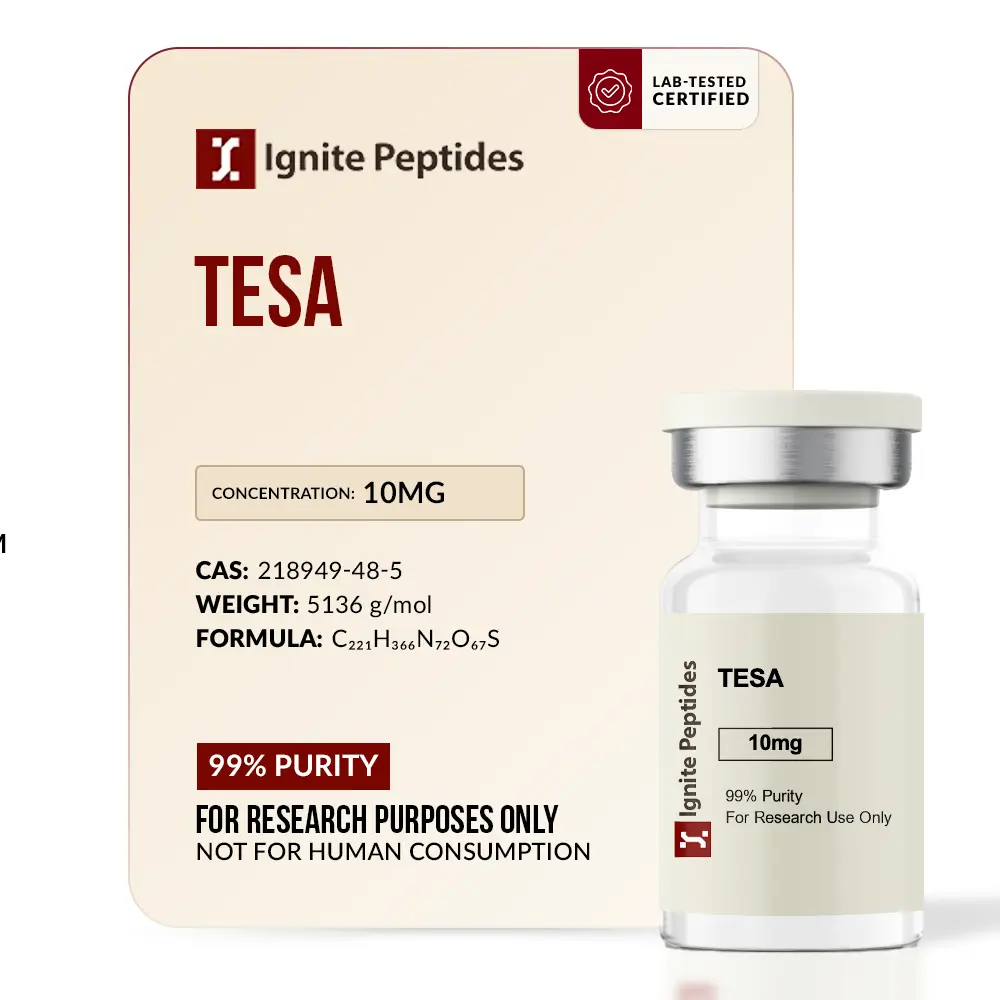 A 10mg glass vial of Tesa research peptide alongside a lab-certified technical card indicating 99% purity and a molecular weight of 5135.86 g/mol.