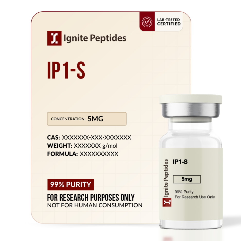 Ignite peptides ip1 s product packaging box next to a small research vial.
