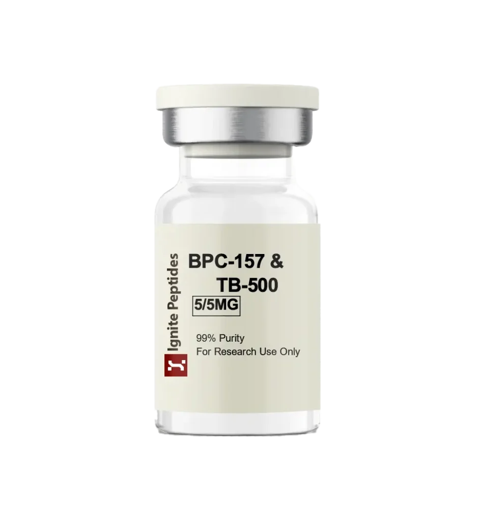 Vial labeled BPC-157 and TB-500 5mg/5mg peptide blend from Ignite Peptides for research use