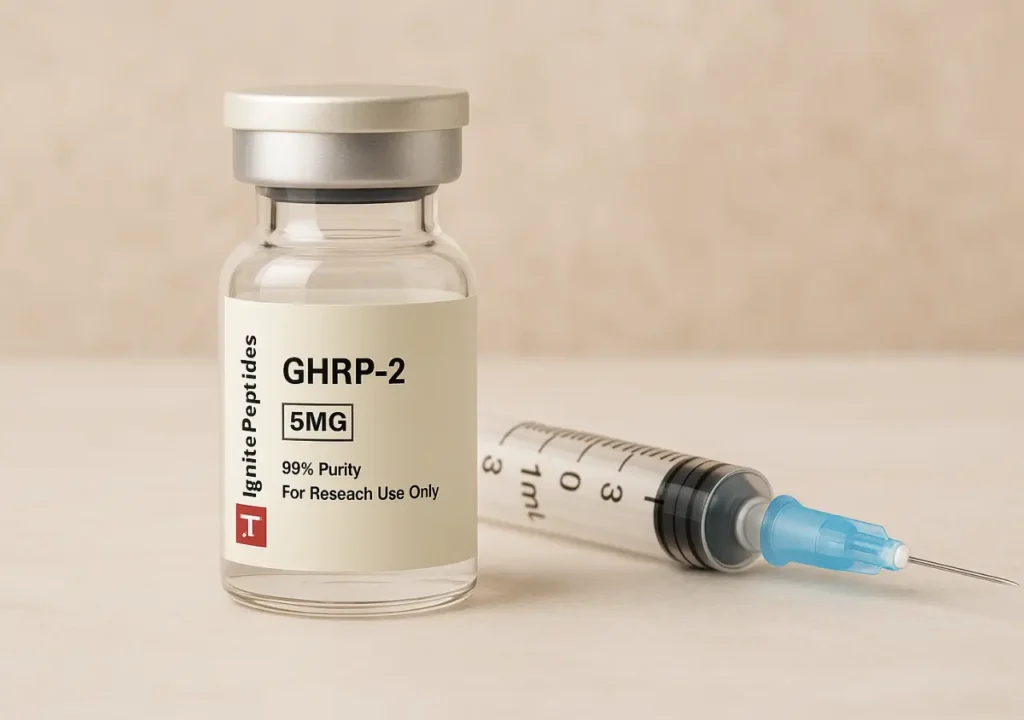 GHRP-2 peptide vial labeled 5MG with syringe for research use