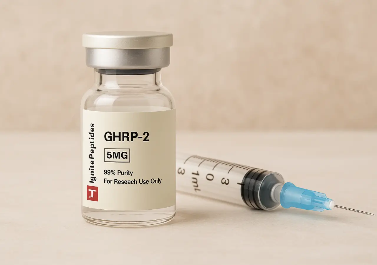 GHRP-2 peptide vial labeled 5MG with syringe for research use
