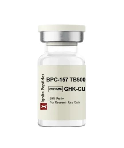 Vial labeled BPC-157 TB500 and GHK-CU with dosage options 5/10/35MG from Ignite Peptides, marked 99% purity for research use only.