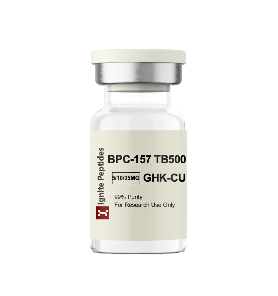 Vial labeled BPC-157 TB500 and GHK-CU with dosage options 5/10/35MG from Ignite Peptides, marked 99% purity for research use only.