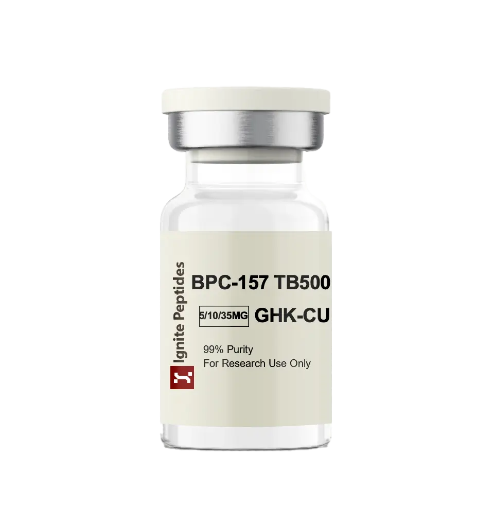 Vial labeled BPC-157 TB500 and GHK-CU with dosage options 5/10/35MG from Ignite Peptides, marked 99% purity for research use only.
