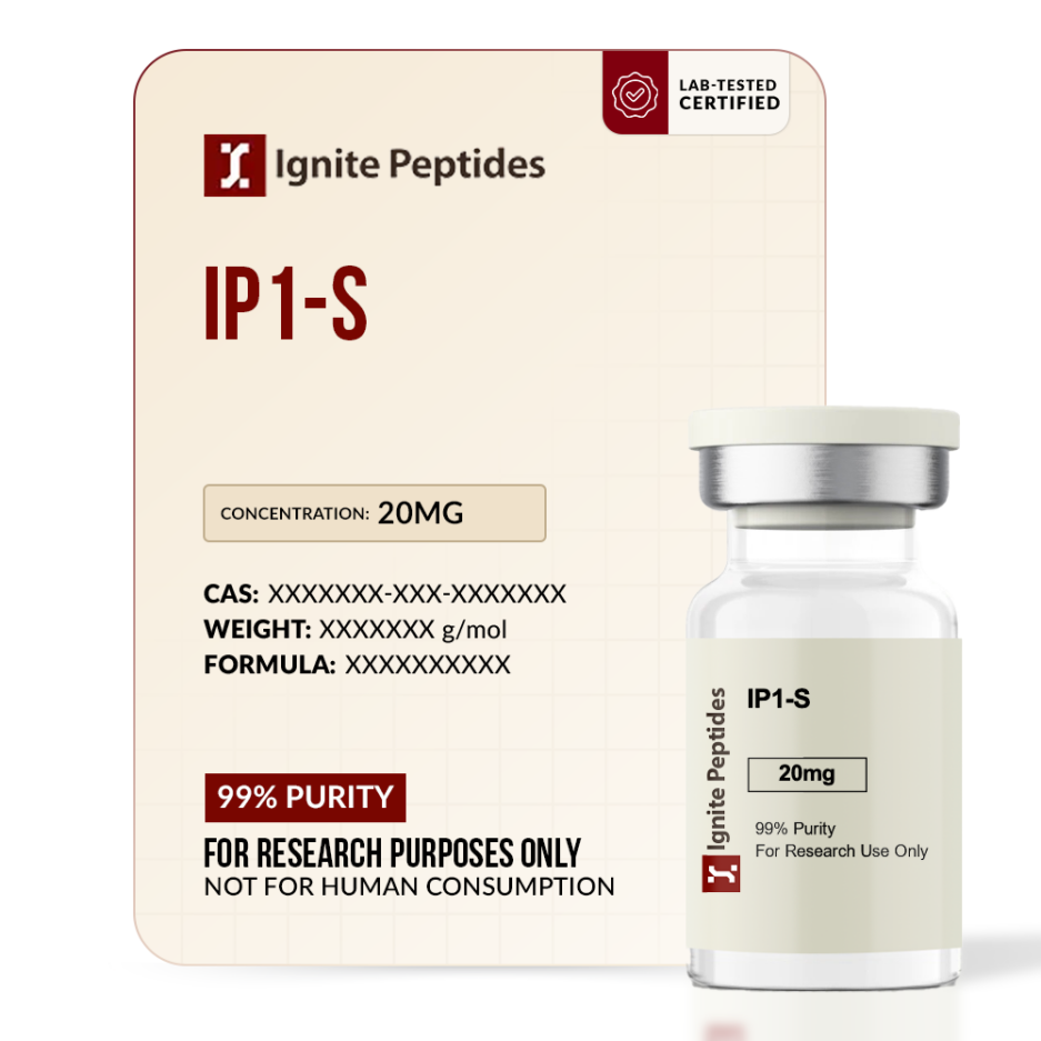 Ignite peptides ip1 s product box next to a glass research vial.