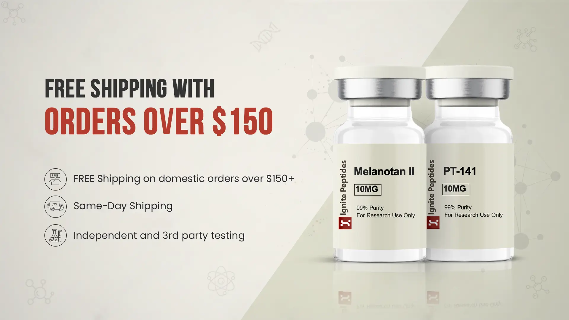 Ignite Peptides banner showing free shipping on orders over $150 with Melanotan II and PT-141 vials.