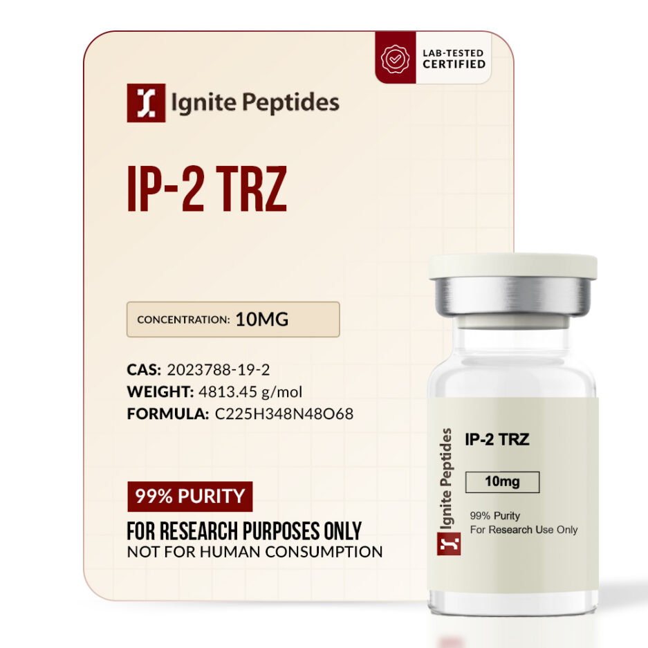 Clear glass vial of Ignite Peptides Ip 2 Trz with matching branded product box.