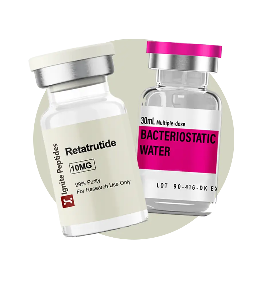 Vials of Retatrutide 10mg and 30mL Bacteriostatic Water from Ignite Peptides