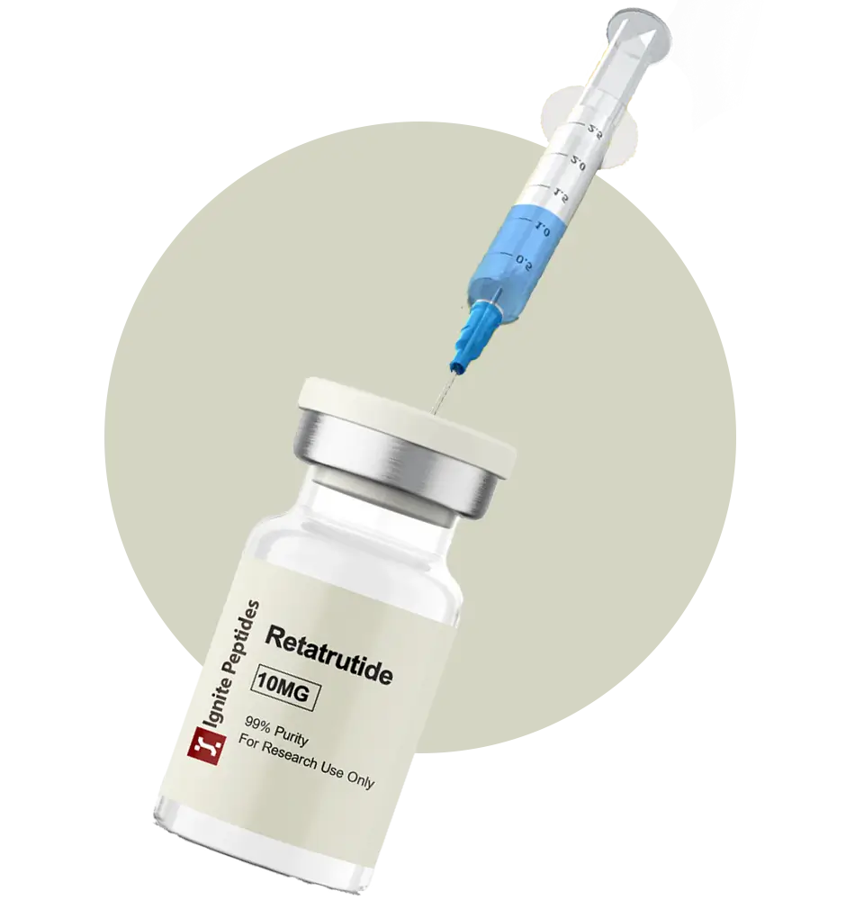 Vial of Retatrutide 10MG from Ignite Peptides with syringe inserted, labeled for research use only.