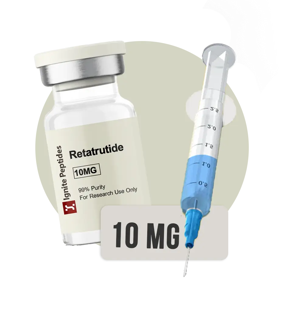 Vial of Retatrutide 10MG from Ignite Peptides with syringe inserted, labeled for research use only.