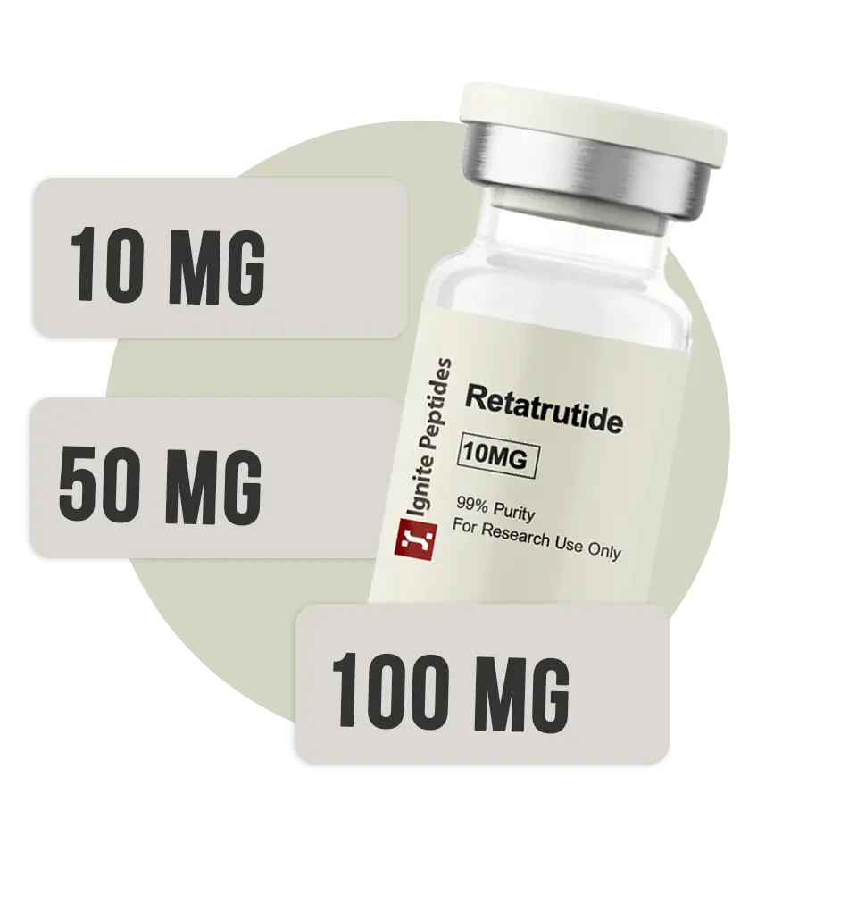 Retatrutide peptide vial with 10MG, 50MG, and 100MG dosage options