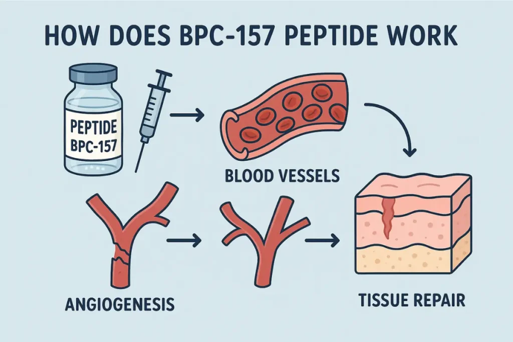 Diagram showing BPC-157 injection, blood vessels, angiogenesis, and tissue repair process.