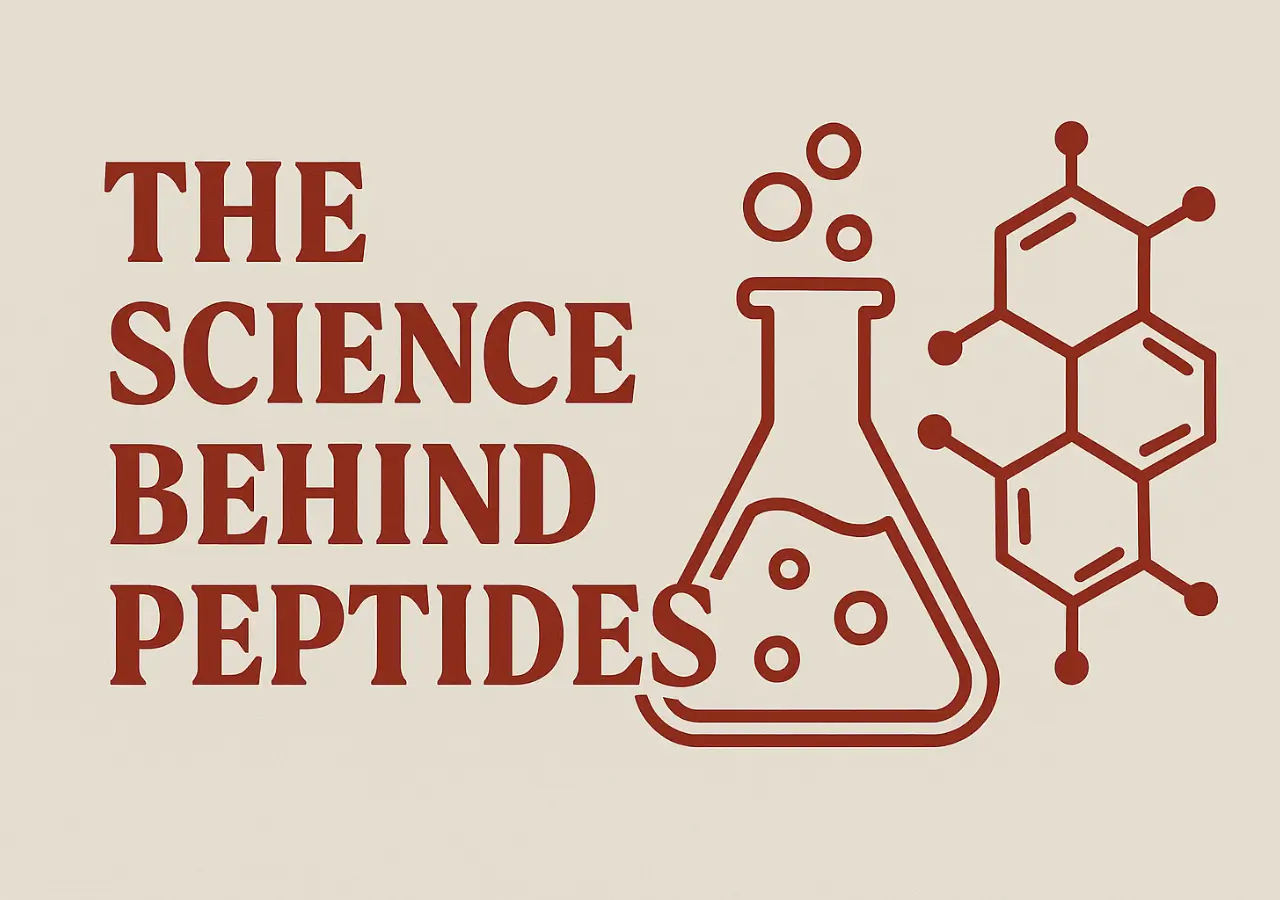 Illustration showing how peptides are used in research with a lab flask and molecular structure
