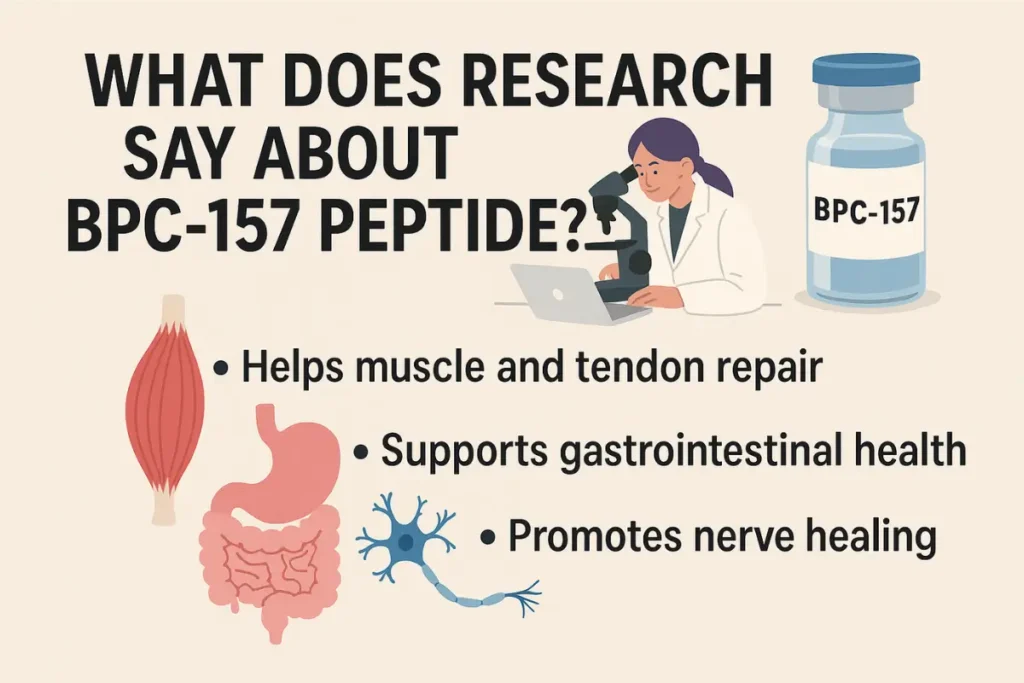 Illustration of a researcher, BPC-157 vial, and icons showing muscle, digestive system, and nerves with text about the peptide’s benefits.