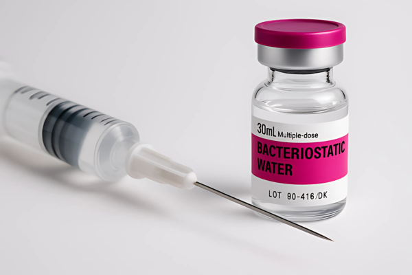 Close-up of a 30mL bacteriostatic water vial and a syringe on a white background