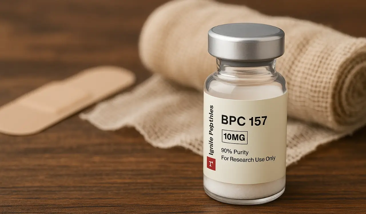 A 10mg vial of BPC 157 peptide from Ignite Peptides labeled "For Research Use Only," placed on a wooden surface with medical supplies in the background.