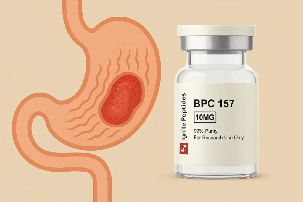 BPC 157 10mg research peptide vial from Ignite Peptides shown beside a graphic of a stomach ulcer