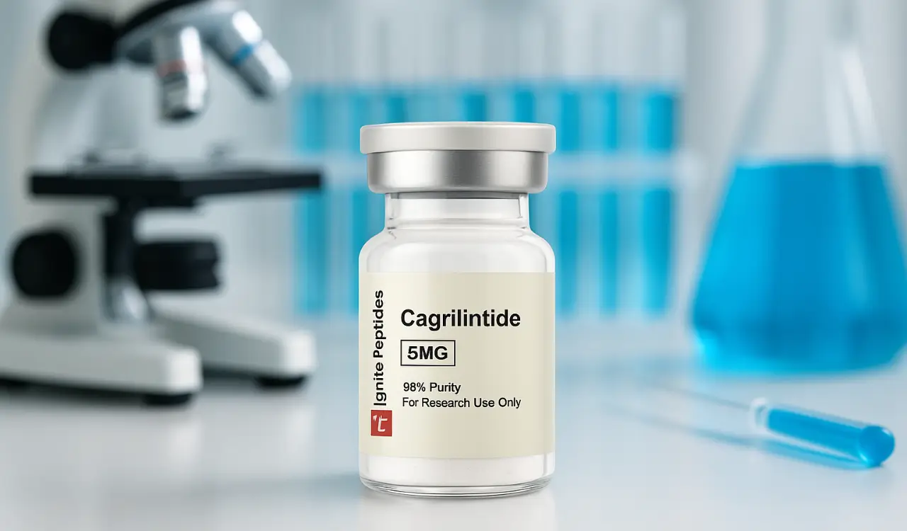 Research-grade Cagrilintide peptide 5MG vial placed on lab bench beside microscope and instruments
