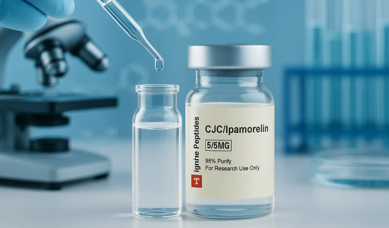 CJC/Ipamorelin vial and glass container with lab equipment in background