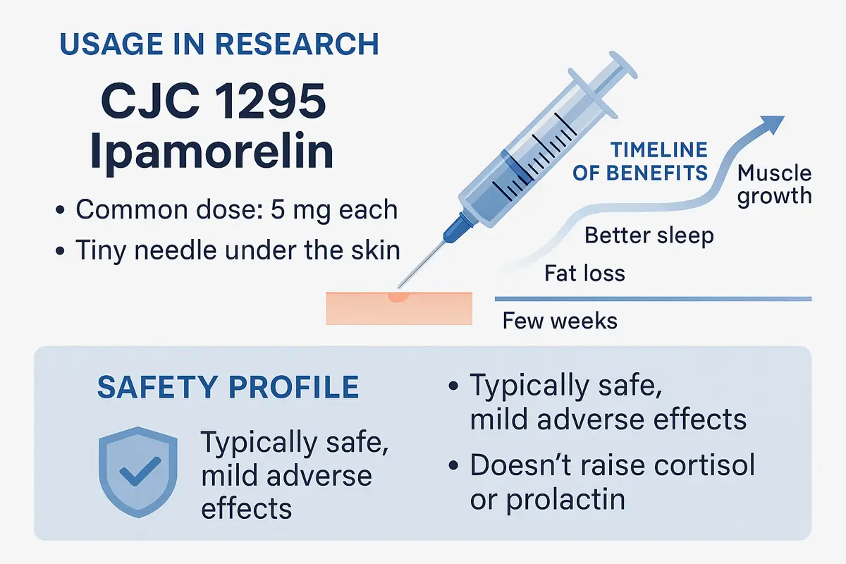 Infographic showing usage, dosage, safety profile, and benefits timeline of CJC 1295 and Ipamorelin