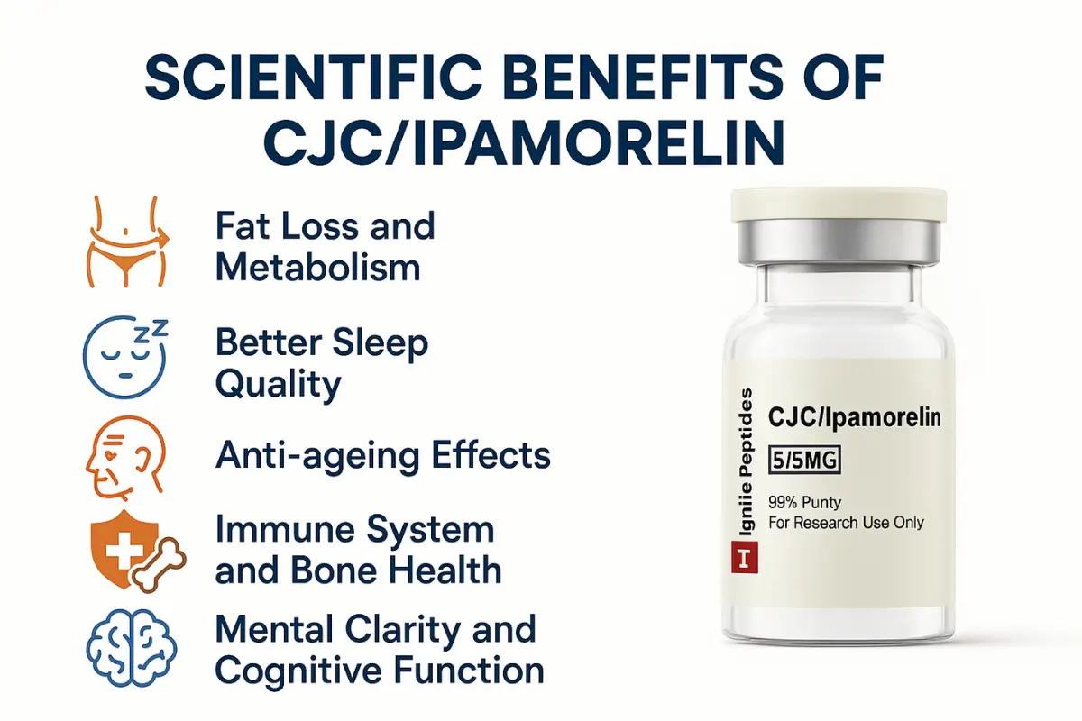 Image listing scientific benefits of CJC/Ipamorelin, including fat loss, sleep quality, and cognitive function