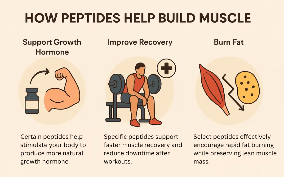 Infographic showing how peptides support growth hormone, recovery, and fat burning for muscle development.