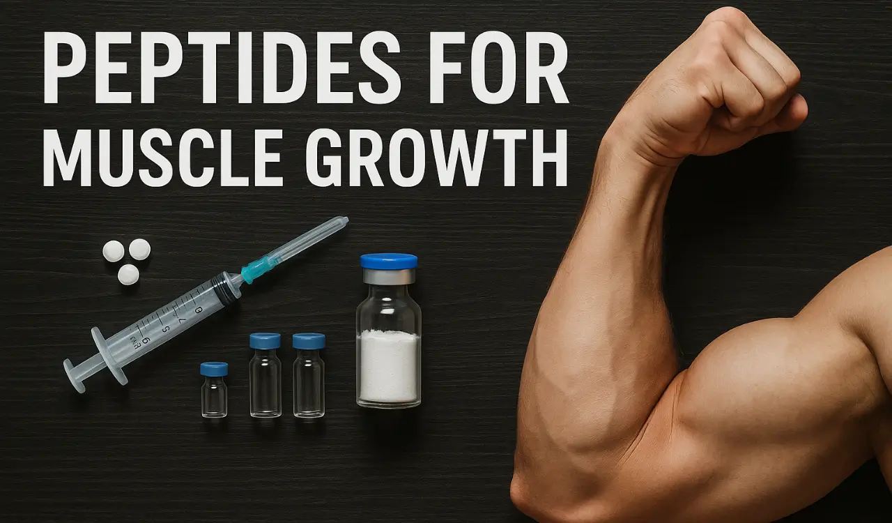 Arm flexing next to peptide vials, syringe, and pills with the text “Peptides for Muscle Growth.”