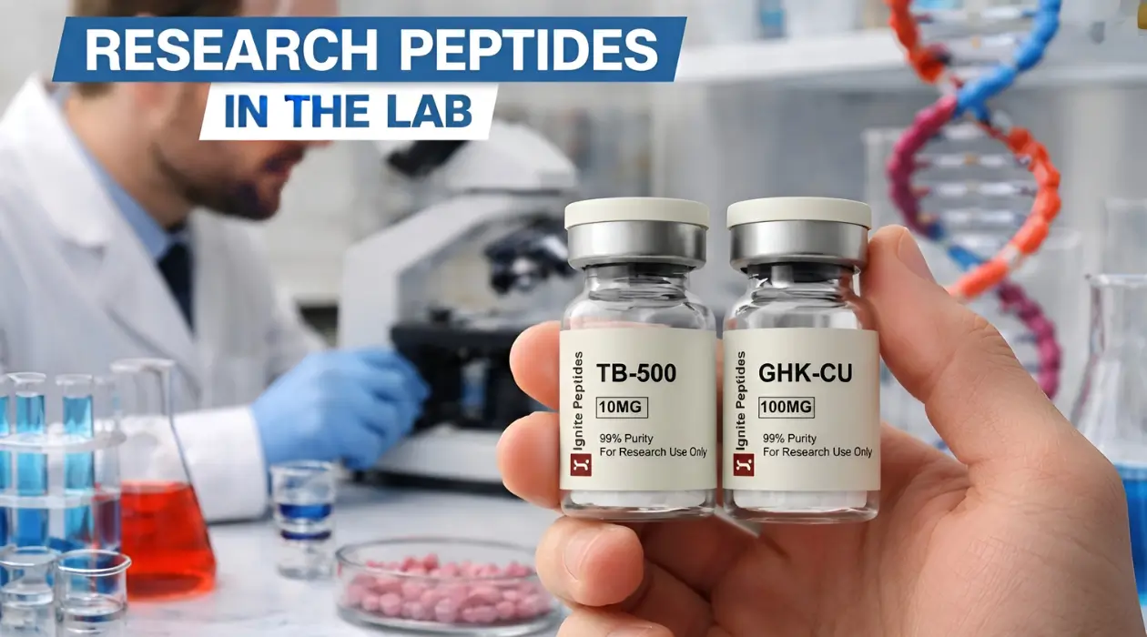 Researcher holding TB-500 and GHK-CU research peptide vials labeled 99% purity for research use only in a laboratory setting