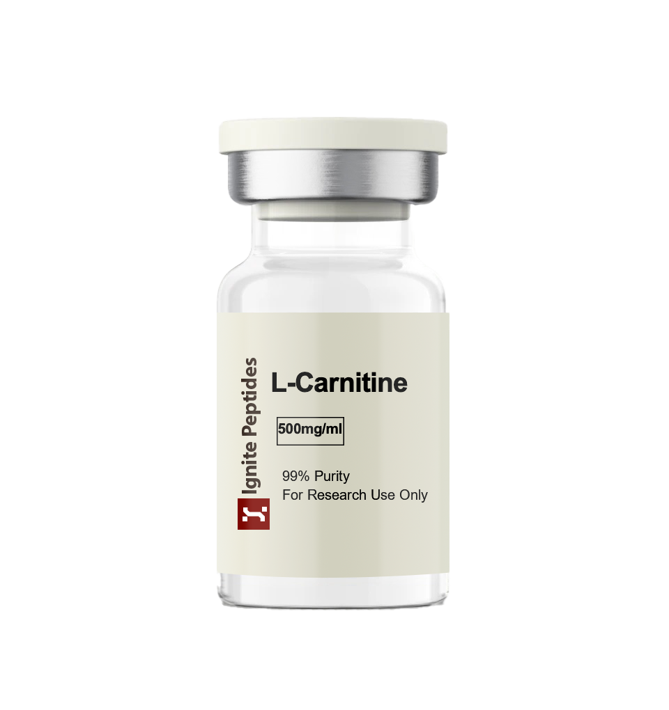 A 500mg/ml L-Carnitine vial from Ignite Peptides labeled for research use only with 99% purity.