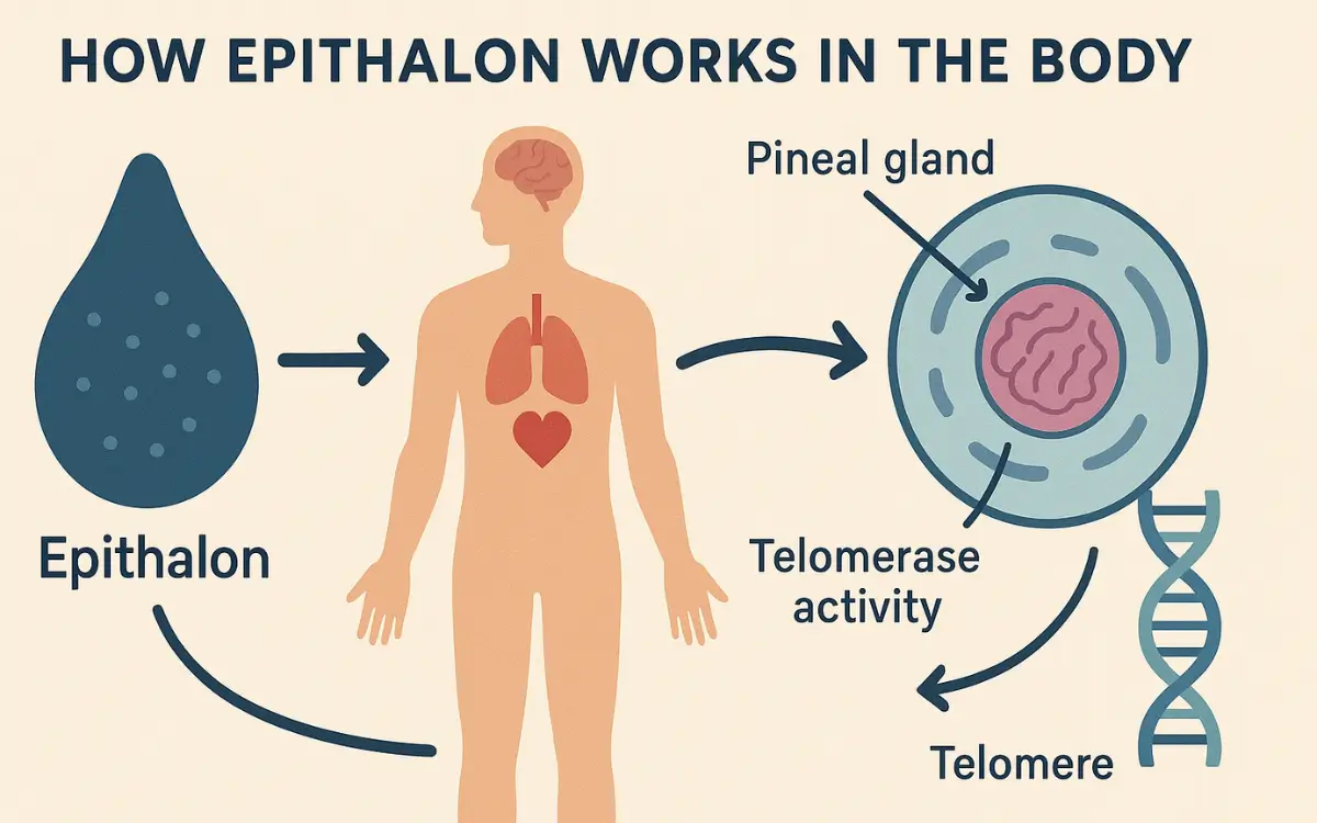 Illustration showing how Epithalon works in the body by targeting the pineal gland, increasing telomerase activity, and affecting telomeres