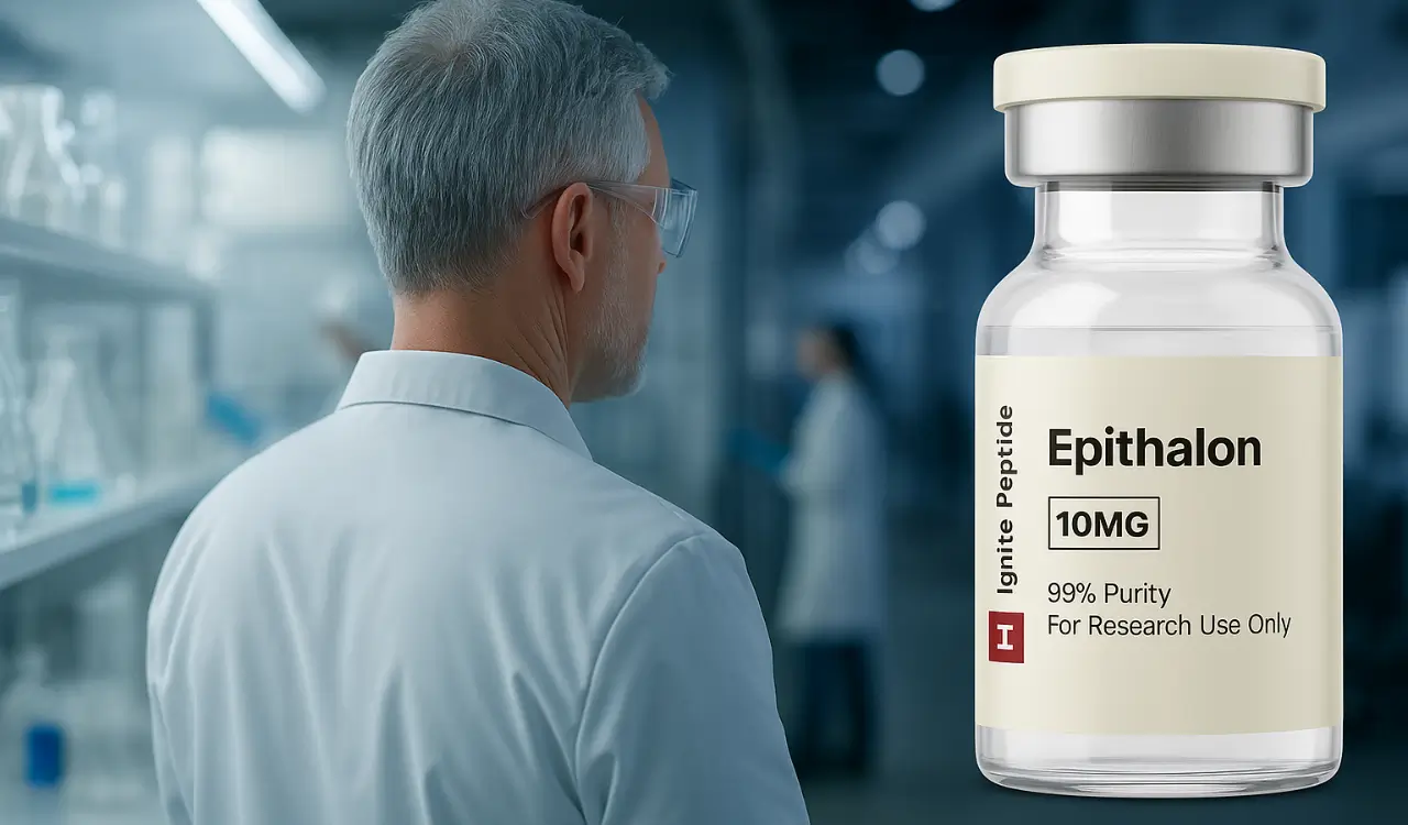 Scientist in lab coat observing a 10mg vial of Epithalon peptide labeled "For Research Use Only"