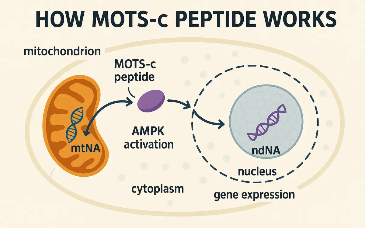 Diagram showing how MOTS-c peptide activates AMPK and affects gene expression through mitochondrial signaling