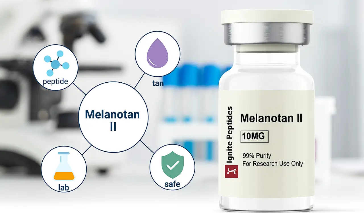 Vial of Melanotan II with icons for lab safety, tanning, and peptide classification