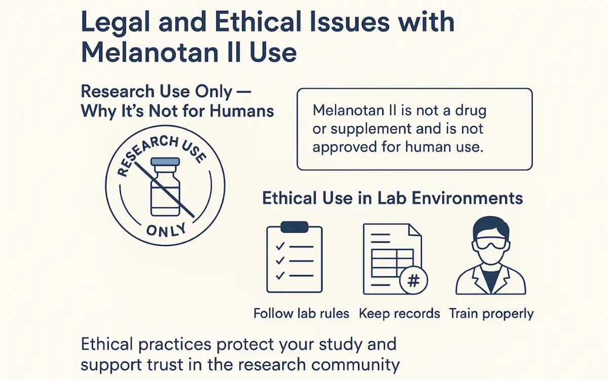 Infographic explaining that Melanotan II is for research use only and not approved for human use