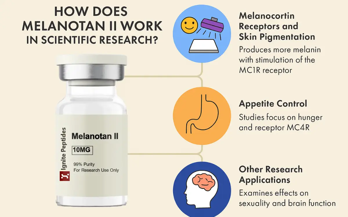 Diagram showing Melanotan II research uses including skin pigmentation, appetite control, and brain function