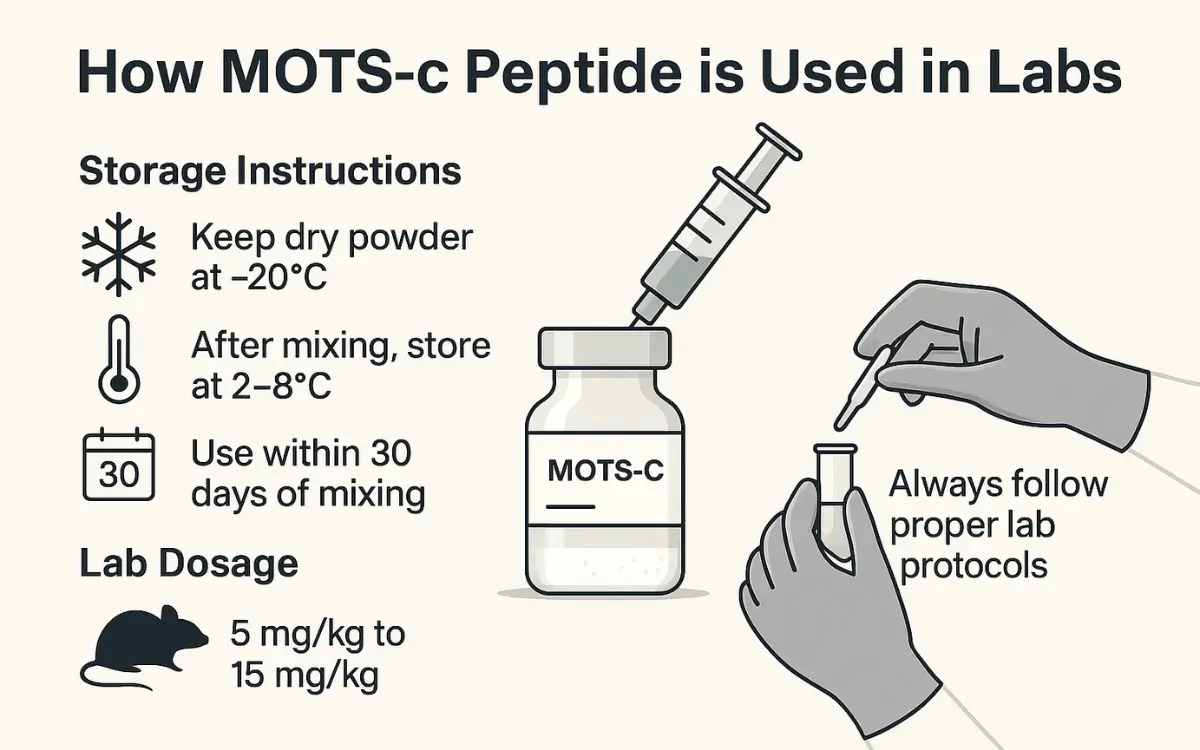 Infographic explaining MOTS-c peptide lab use, including storage at –20°C for dry powder, 2–8°C after mixing, use within 30 days, lab dosage range of 5–15 mg/kg, and a reminder to follow lab protocols.
