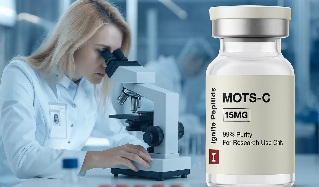 Scientist examining MOTS-c peptide vial in lab — Ignite Peptides 15mg research peptide