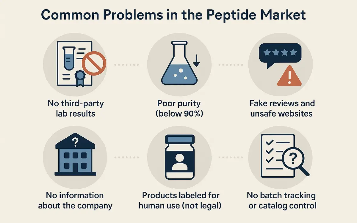 Infographic showing problems like fake reviews, poor purity, lack of third-party results, and illegal product labeling in the peptide market.