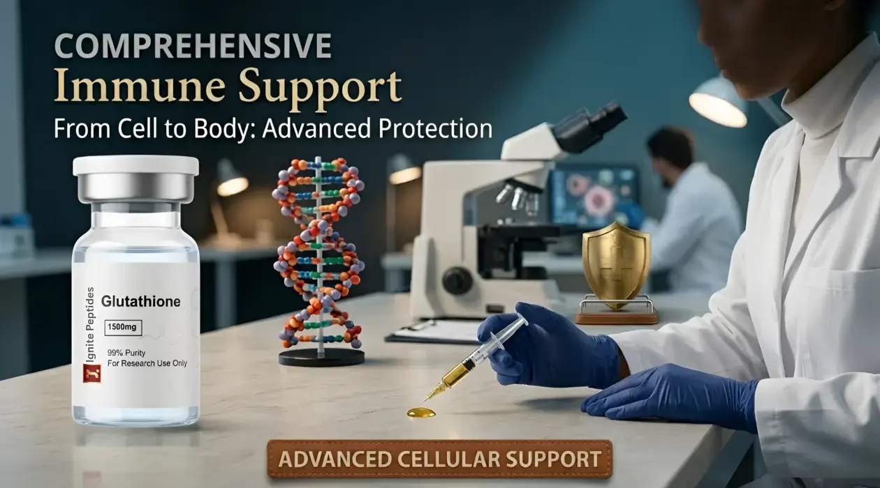 Professional lab setting showing a Glutathione Injections vial and researcher for immune system protection.