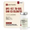 A lab-certified research vial and information card for the GLOW70 blend, containing BPC-157, TB-500, and GHK-Cu at a 10/10/50mg concentration.