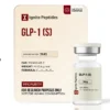 A 5mg glass vial and informational card for GLP-1 (S) research peptide, featuring a white cap and lab-certified branding.