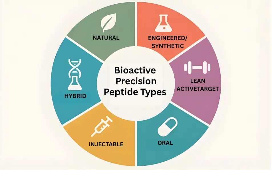 Circular chart showing bioactive precision peptide types including natural, engineered/synthetic, hybrid, injectable, oral, and lean active target peptides.