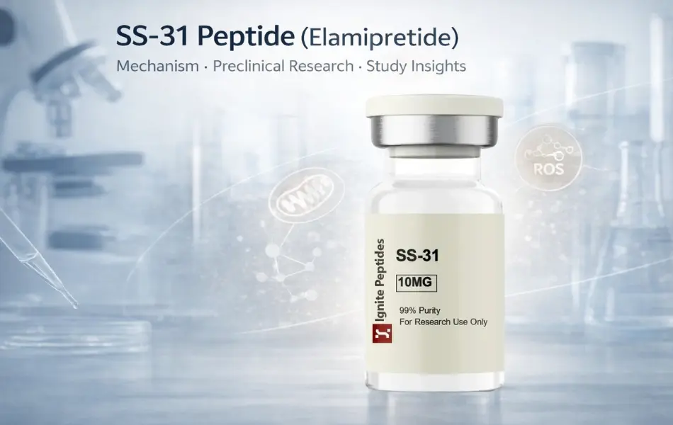 Scientific banner showing SS-31 peptide vial in a laboratory setting with text highlighting mechanism, preclinical research, and study insights, alongside subtle mitochondrial and ROS icons.