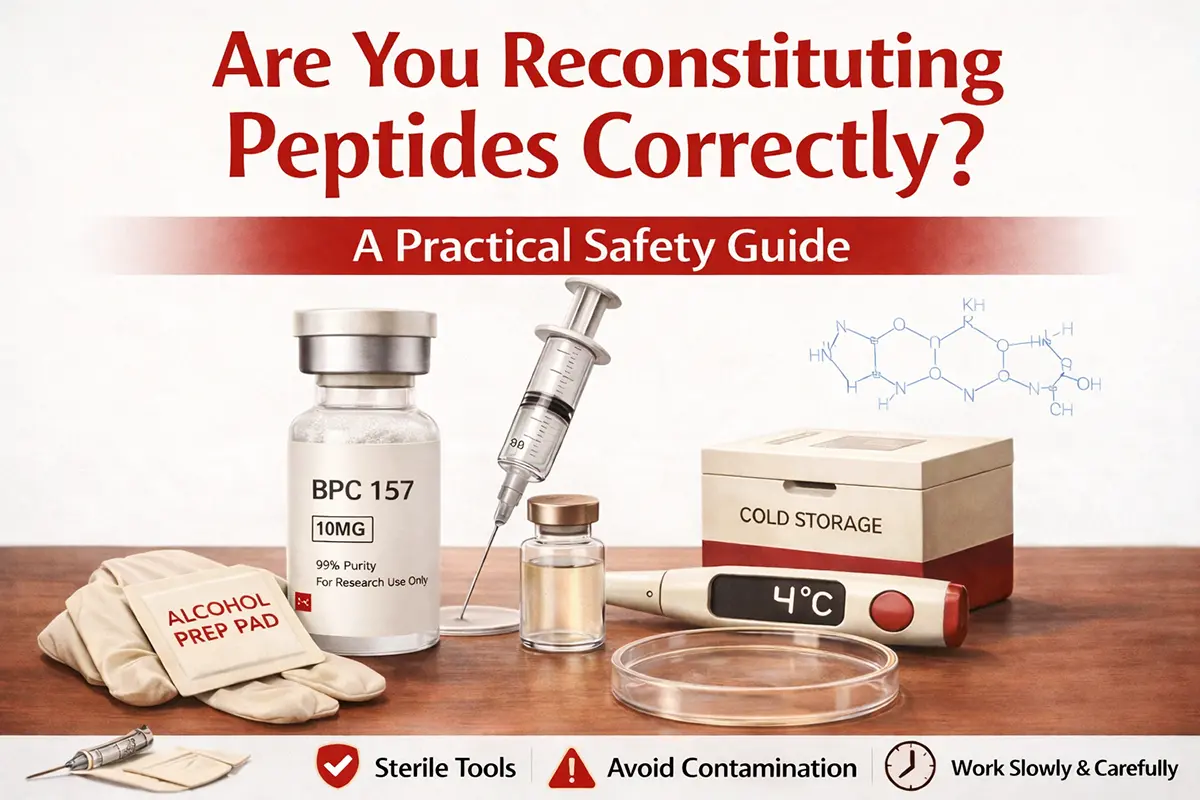 BPC 157 10mg peptide vial with syringe, alcohol prep pad, cold storage box and thermometer showing 4°C for proper reconstitution and storage safety.