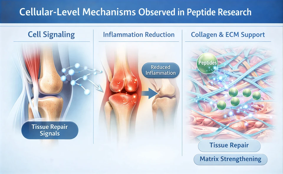 Illustration showing cellular-level mechanisms in peptide research including cell signaling, inflammation reduction, collagen and ECM support, tissue repair signals, reduced inflammation, and matrix strengthening.