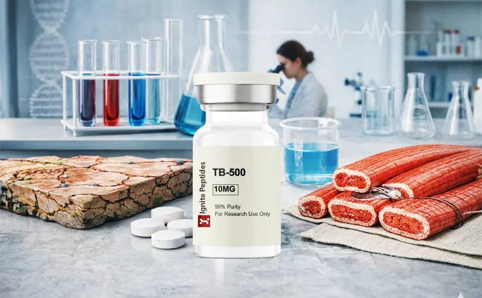 A scientific research setting featuring an Ignite Peptides TB-500 vial in the foreground, with laboratory equipment, a scientist using a microscope, and anatomical representations of muscle tissue and bone repair in the background.
