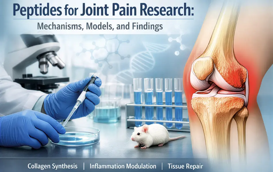 Laboratory scene showing scientist using pipette on petri dish, anatomical knee joint with inflammation highlight, molecular structures, and laboratory mouse representing preclinical peptide research.