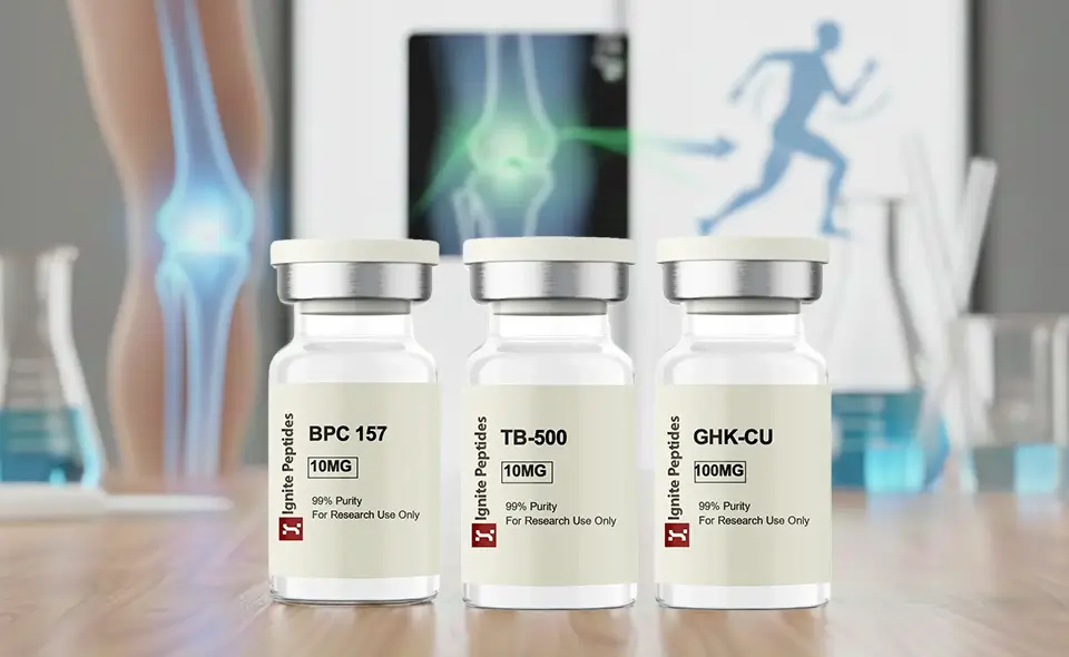 Research peptide vials including BPC-157, TB-500, and GHK-Cu displayed for peptides for joint pain studies focused on joint inflammation and connective tissue research.